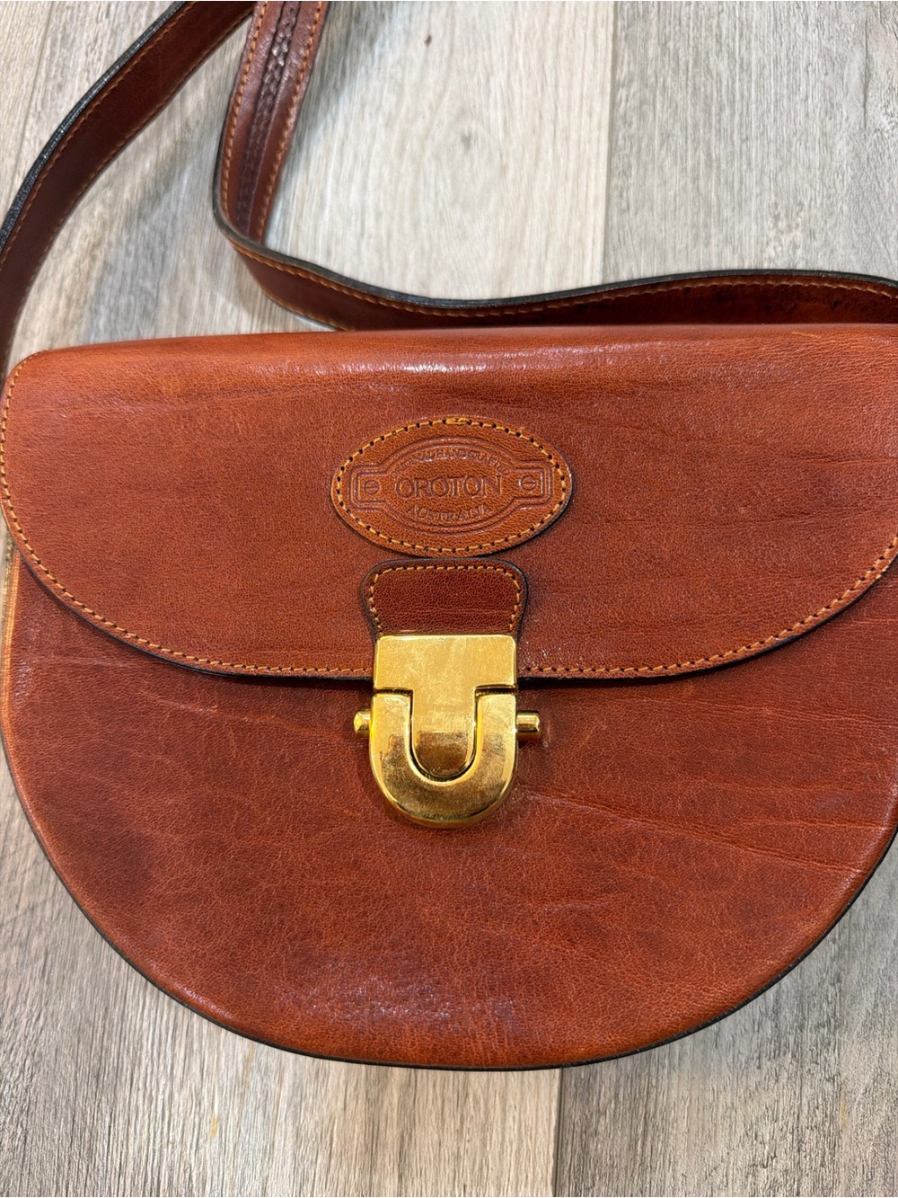 Oroton Brown Leather Saddle Crossbody with Gold Hardware